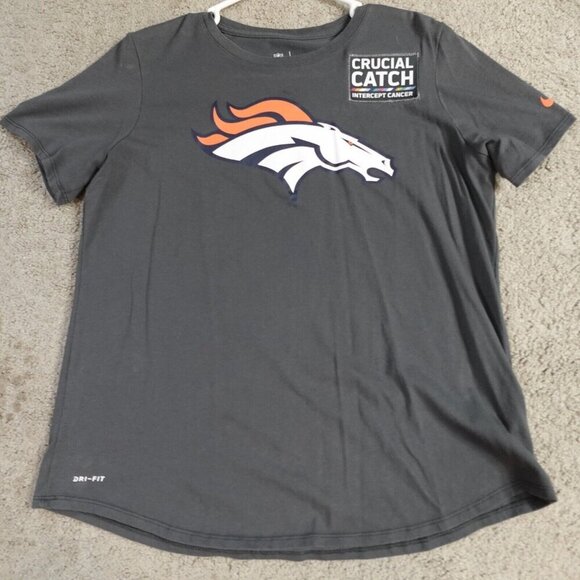 Denver Broncos Shirt Womens Large Gray Crucial Catch Curved Hem - Picture 1 of 8